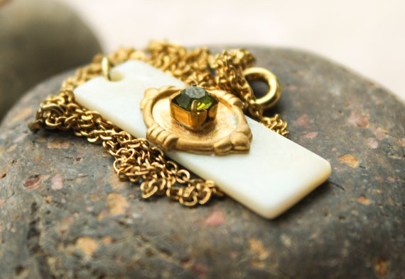 Mother-of-Pearl Rectangular Necklace, Peridot Cry… - image 3