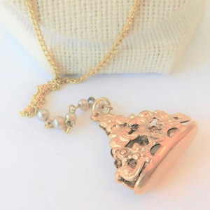 Openwork Watch Fob Necklace Pendant, Vintage Victorian Floral, Five Pastel Pearl Drop and Fine Gold & Pearl Chain, One of a Kind Solid Brass