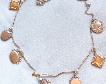 Watch Fob Charm Necklace, Vintage FOBULOUS Victorian, Edwardian, Art Deco, Seven Charms, Pearl & Gold Plated Chain One of a Kind Solid Brass