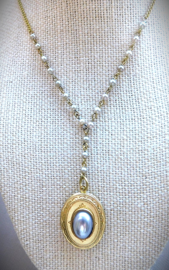 Vintage Oval Locket, Center Grey Bezeled Pearl, E… - image 2