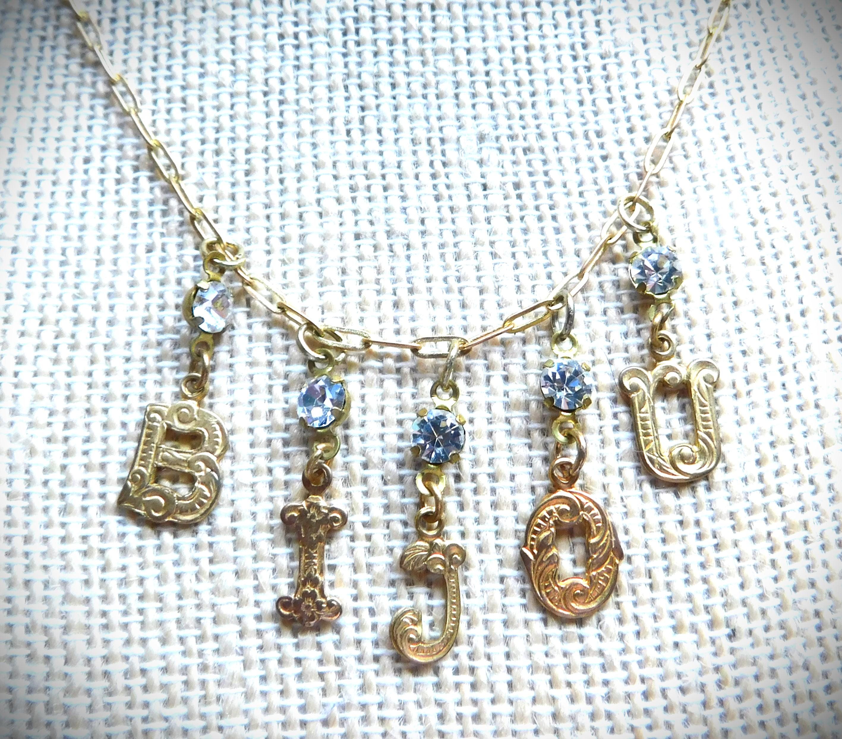 Bijou (JEWEL) French Choker Letter Charm Necklace, FRENCH Jewelry, Victorian Vintage, Crystal Drops One of a Kind, Handmade Gold Plate Chain