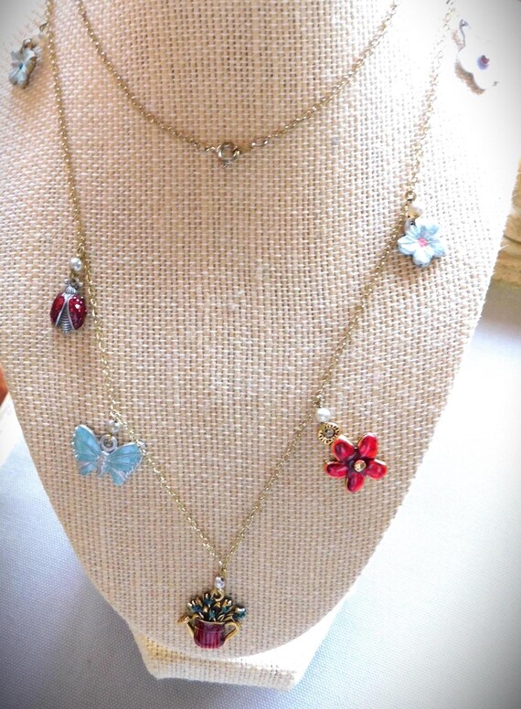 Vintage Enamel Summer Charm Necklace, Flower Charms, Pearls, Gold Chain View 2