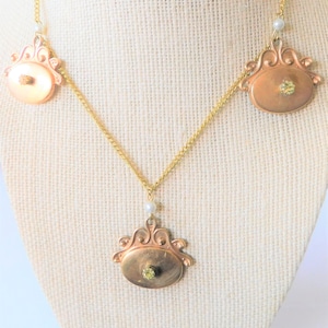 Vintage Pocket Watch Fob Charm Necklace, Art Nouveau Gold, Crystal Stones & Pearl Beads, Gold Plated Chain, One of a Kind