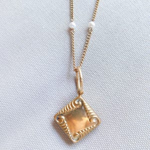 Watch Fob Necklace/Pendant, Vintage, Diamond-Shaped, Scrolled Edged, Large Gold Ring Fine Long Gold & Pearl Chain, Solid Brass One of a Kind