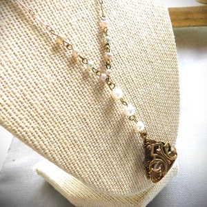 Art Deco Style Watch Fob Pendant Necklace, Openwork, Vintage, Pearl Y, Pearl and Gold Link Chain, One of a Kind, Handmade, Gold, Solid Brass