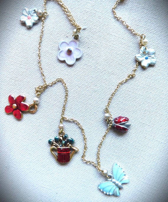Vintage Enamel Summer Charm Necklace, Flower Charms, Pearls, Gold Chain