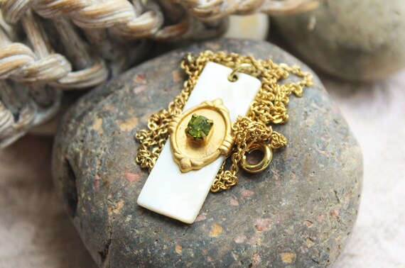 Mother-of-Pearl Rectangular Necklace, Peridot Cry… - image 2