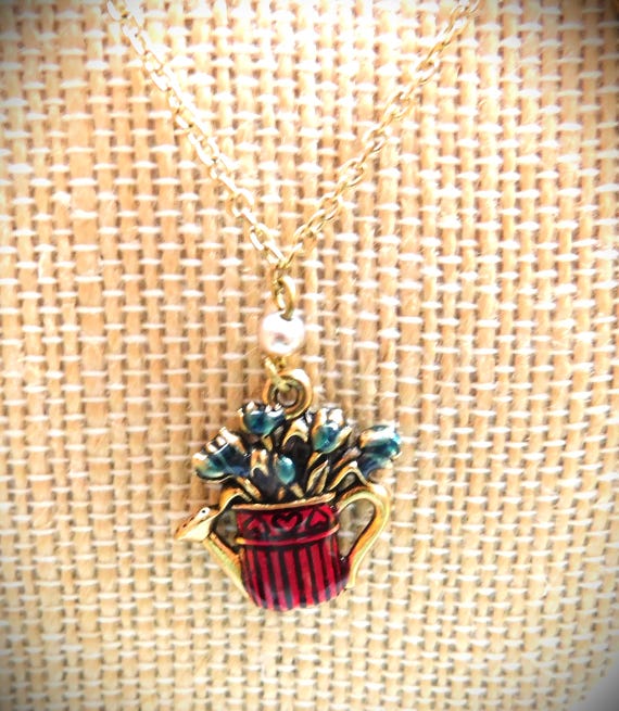 Vintage Enamel Summer Charm Necklace, Flower Charms, Pearls, Gold Chain View 4