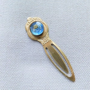 Vintage Blue Stone Bookmark, Round Faceted Crystal, Victorian, Floral Embossed Design, Reader, Book Club Gift, One of a Kind, Brass Handmade
