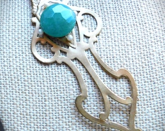 Vintage Openwork Bookmark, Gold, Green Stone, Seed Pearls