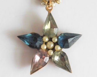 Colorful Crystal & Pearl Star Necklace Dark Blue Pastel Pink Pewter Gray Crystal Teardrop Stones Seed Pearl Flower Pearl Chain One of a Kind