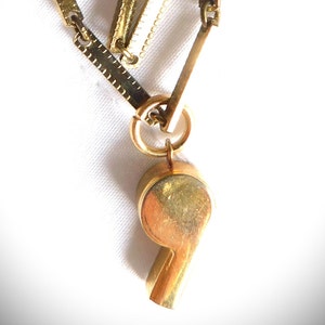 Whistle Charm Necklace Pendant, Gold, &quot;If You Want Me, Just Whistle&quot; Gift, Vintage, Gold Link Chain, Large Gold Ring, Solid Brass, Handmade