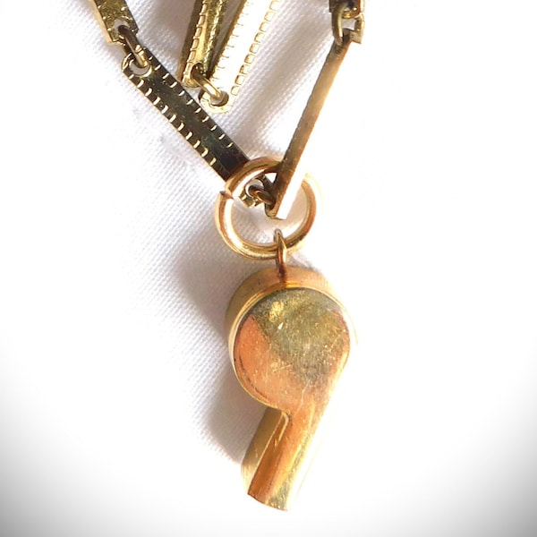 Gold Whistle Charm Necklace Pendant, Vintage, Gold Link Chain, Large Gold Ring, Pearl Beads, Solid Brass, One of a Kind, Handmade