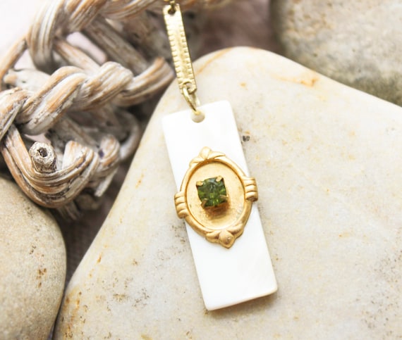 Mother-of-Pearl Rectangular Necklace, Peridot Cry… - image 1