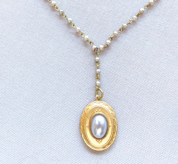 Vintage Oval Locket, Center Grey Bezeled Pearl, E… - image 1