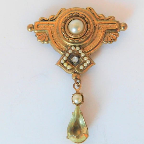 Victorian Etruscan Style Crest Brooch Pin, Round Pearl, Seed Pearls, Teardrop Citrine Drop, Crystal Stones, Vintage, Handmade, Solid Brass