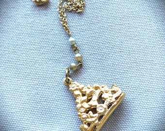 Victorian Watch Fob Necklace, Pearls, Gold Chain