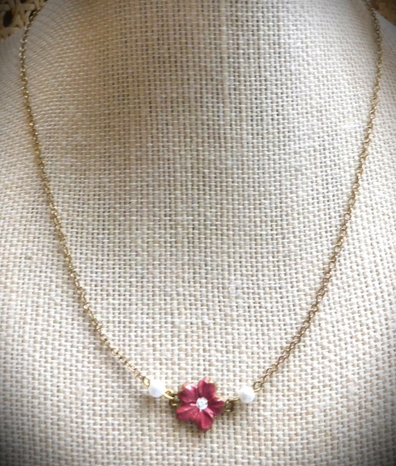 Vintage French Enamel Rose Necklace, Pearl Beads, Gold Chain 