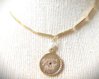 DEAREST MOTHER Charm Pendant Necklace, Vintage, Mom, Grand Mom Mother&#39;s Gift, Pearl Drop Bead, Bar Link Chain, Gold Plate, One of a Kind
