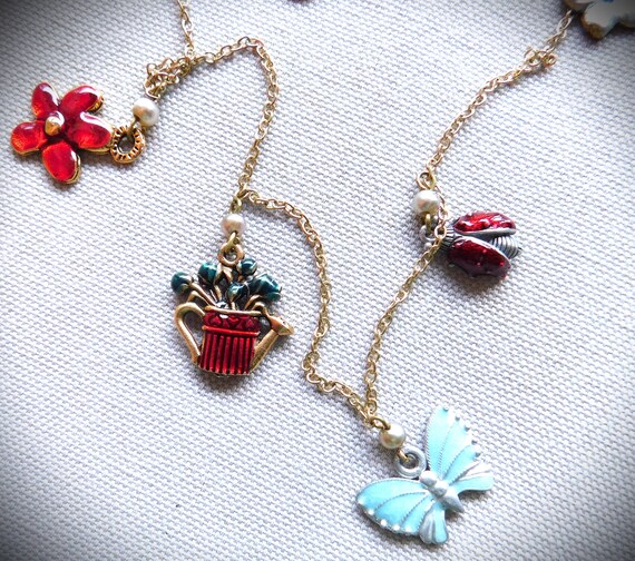 Vintage Enamel Summer Charm Necklace, Flower Charms, Pearls, Gold Chain View 6
