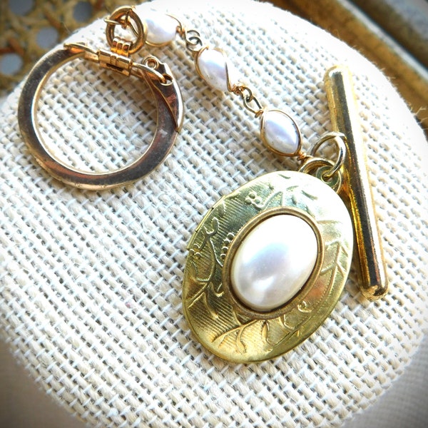 Gold Oval Vintage Locket Keychain, Floral Embossed, Large Cream Oval Pearl in Bezel, Wired Pearl Chain, Toggle Bar Solid Brass One of a Kind