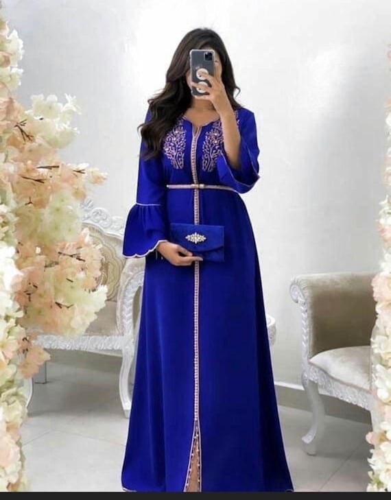 Modest Blue Moroccan Caftan, Muslim Dress, Abaya, Dubai Gown, Arabic Dress, Modest Islamic Clothing, Moroccan Kaftan, Muslim Fashion