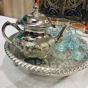 Handmade Moroccan Silver Tea Set Handmade TeaPot,Tea Tray,Set Of 6 Tea Cups  NEW