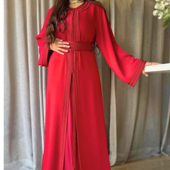 Red Moroccan Kaftan, Crêpe Caftan with Handmade Sfifa, Muslim Wedding Nikkah Outfit, Eid Abaya, Boho Maxi Gown for Special Occasions