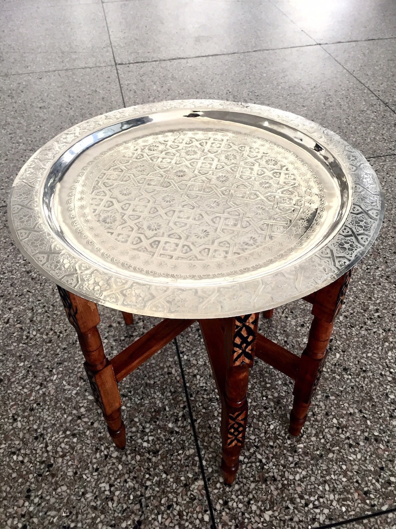 Moroccan Handmade Traditional Tray Top Round Carved Wood image 5