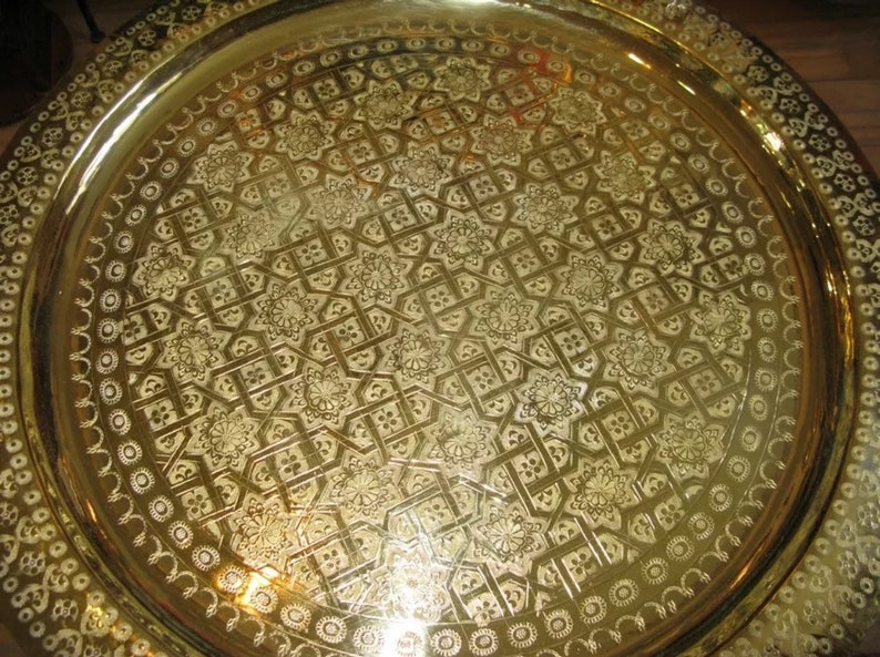 Moroccan Handmade Traditional Tray Top Round Carved Wood image 6