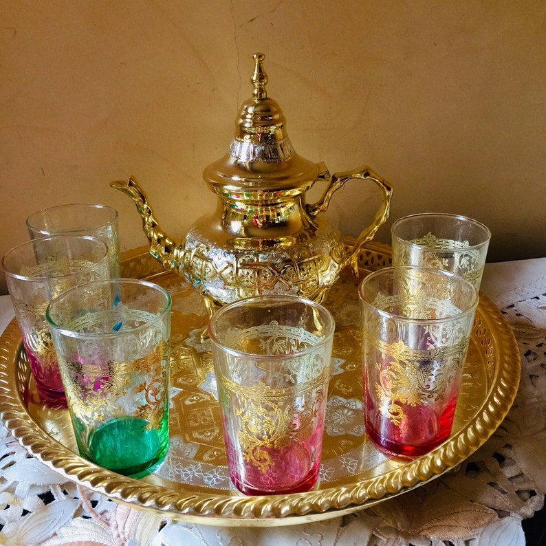 Moroccan Handmade Tea set 1 Teapot 1 Tray and 6 Tea Glasses Etsy