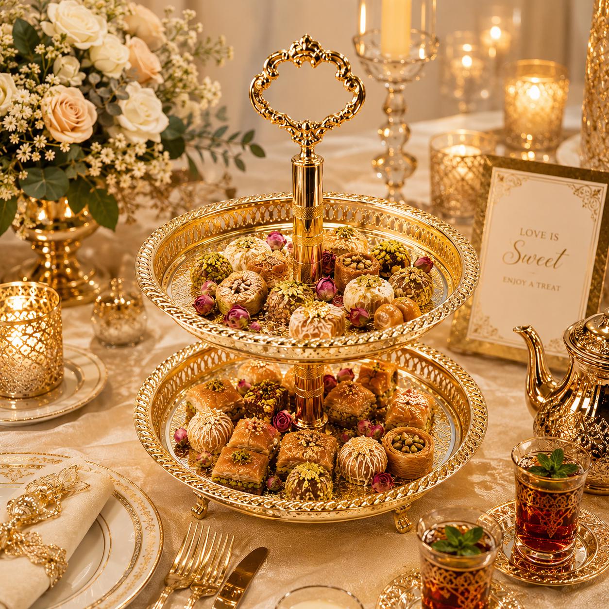 Handmade Luxury Dessert Stand, Moroccan 2 Tier Brass Serving Tray