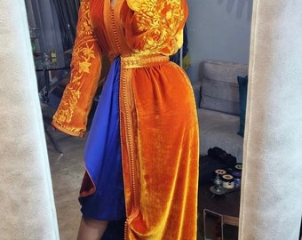 Moroccan Luxury Orange Velvet Caftan, Moroccan Embroidered Kaftan Moroccan Velvet Abaya Gown