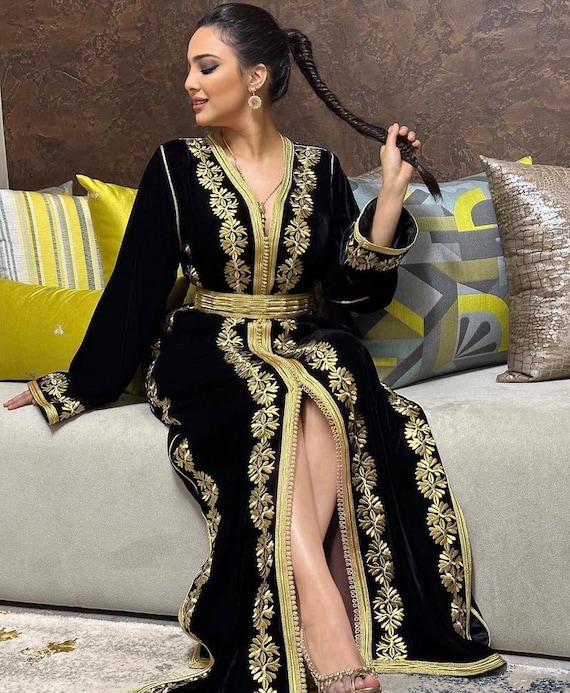 Moroccan Kaftan Abaya, Black Velvet Embroidered Caftan , Fancy