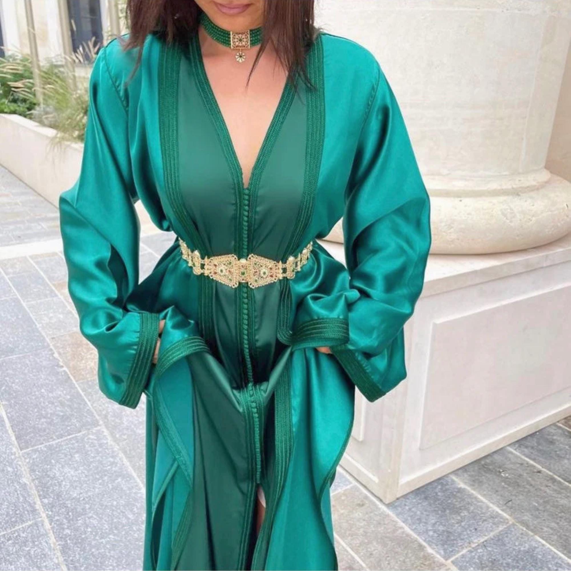 emerald green kaftan dress GATHERED VISCOSE JERSEY KAFTAN DRESS IN EMERALD | CULT MIA main image 0