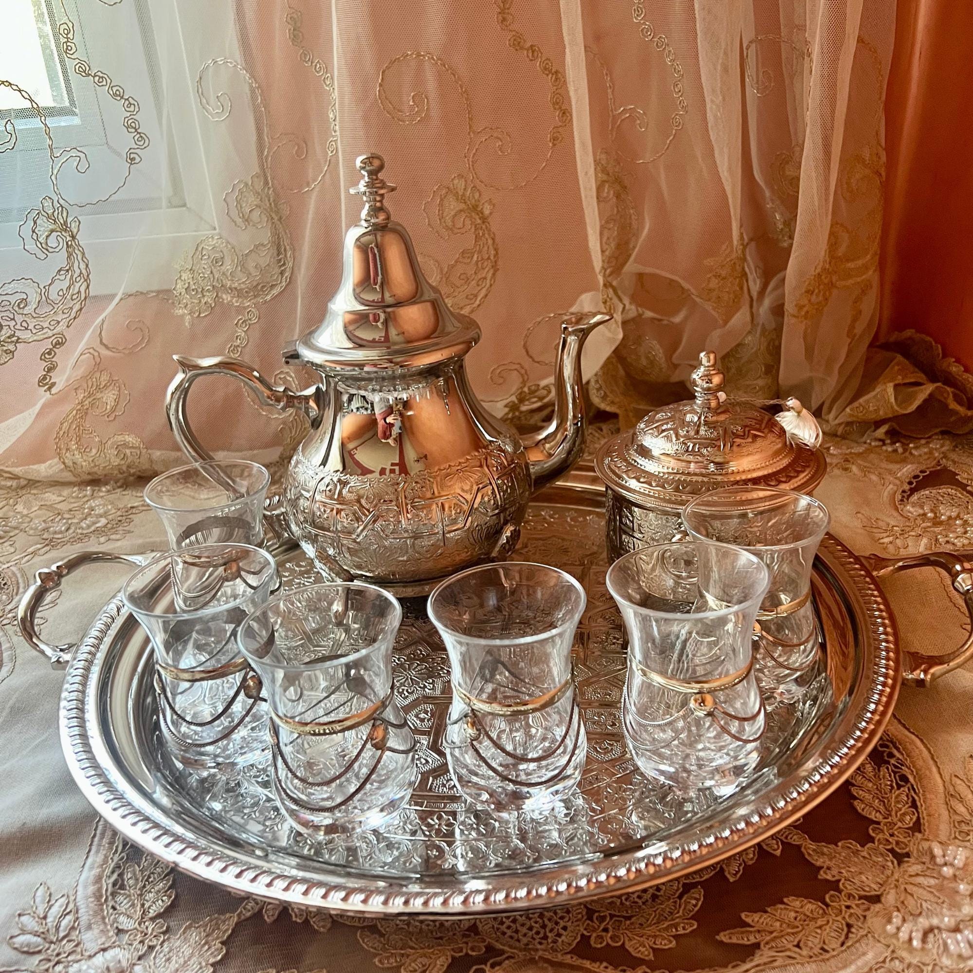 Moroccan Handmade Tea Set Teapot 6 Glasses Tray & Sugar Bowl