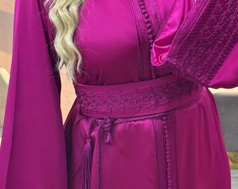 Fuchsia Moroccan Kaftan for Women, Modest Dress for Nikkah, Engagement or Special Events Handmade, Takchita Style with Belt, Custom Size