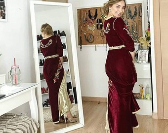 Burgundy Moroccan Caftan in Velvet Evening Gown Handmade Beaded