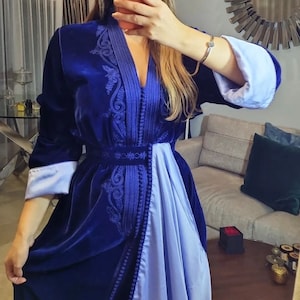Moroccan Luxury Blue Velvet Caftan, Moroccan Embroidered Kaftan Moroccan Velvet Abaya Gown
