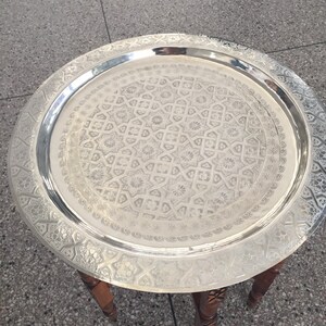 Moroccan Handmade Traditional Tray Top Round Carved Wood image 10