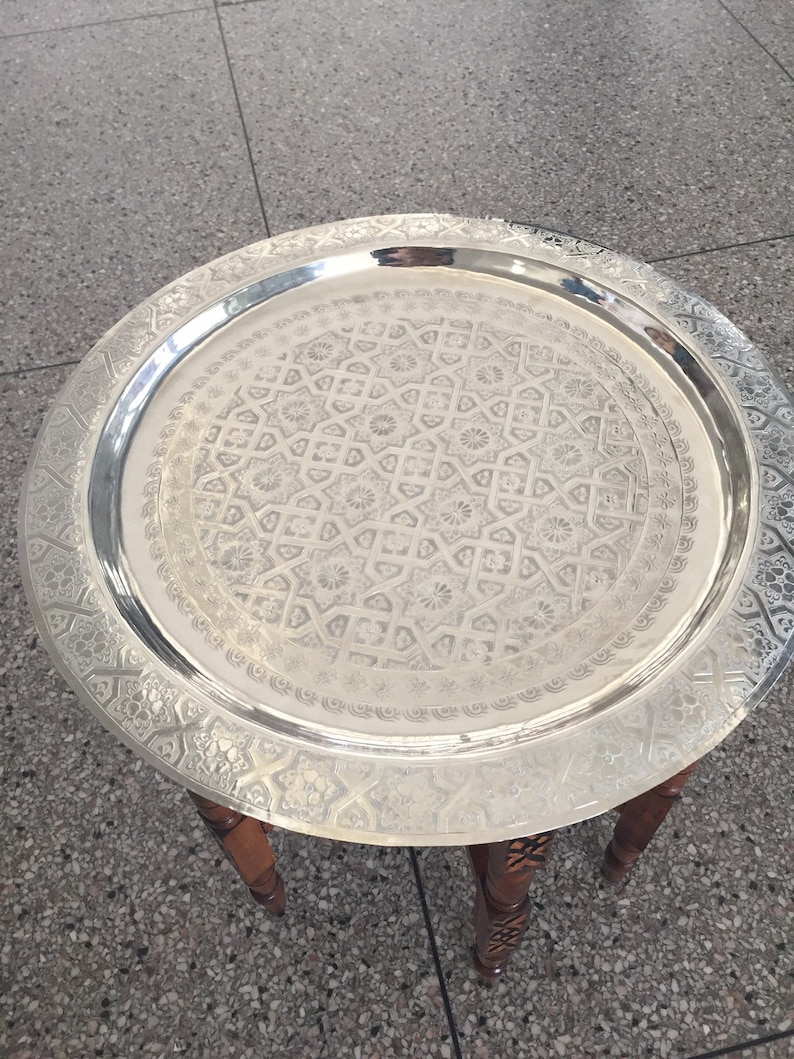Moroccan Handmade Traditional Tray Top Round Carved Wood image 10