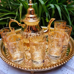 Handmade Moroccan Golden Tea Set Handmade TeaPot,Tea Tray,Set Of 6 Tea Cups NEW