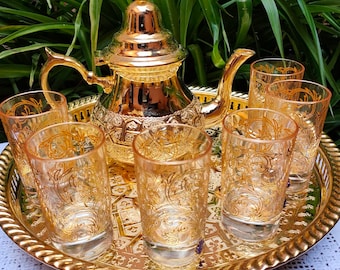 Handmade Moroccan Golden Tea Set Handmade TeaPot,Tea Tray,Set Of 6 Tea Cups NEW