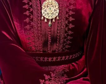 Burgundy velvet kaftan, modest Islamic gown with long sleeves, Moroccan abaya, elegant Islamic outfit for women, wedding guest dress