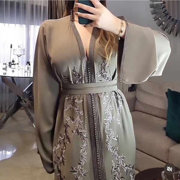 Moroccan Embroidered Gray Caftan , Moroccan Kaftan, Abaya , Dubai Gown