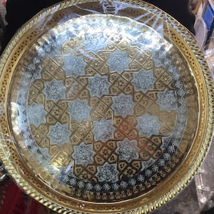 16 In Moroccan Handmade Authentic Brass Tea Tray Large Silver Plated Fez Morocco