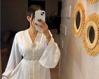 Moroccan Embroidered White Caftan, Bridal Kaftan, Wedding Dress, Nikah Dress, Custom Made Moroccan Abaya