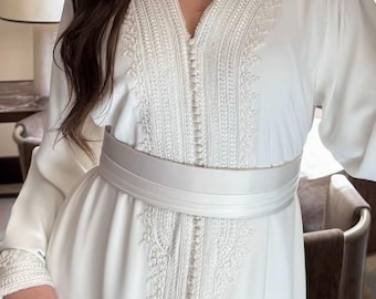 Biały marokański kaftan ślubny, haftowana muzułmańska abaja na ślub i Eid, skromna suknia wieczorowa