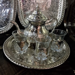 Handmade Moroccan Silver Tea Set Handmade TeaPot,Tea Tray,Set Of 3 Tea Cups NEW