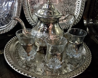Handmade Moroccan Silver Tea Set Handmade TeaPot,Tea Tray,Set Of 3 Tea Cups NEW